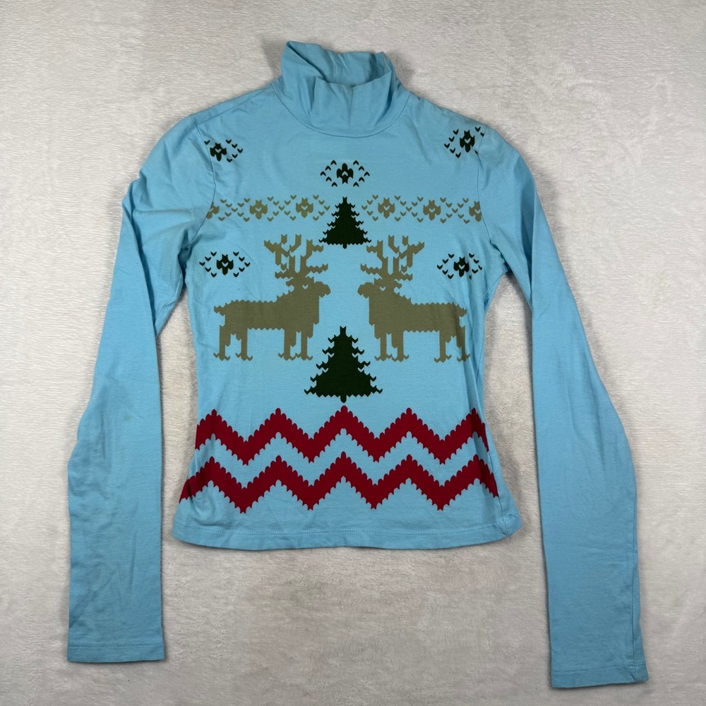 D&G Dolce & Gabbana Blue Fair Isle Reindeer Turtleneck Top IT 38 Made in Italy